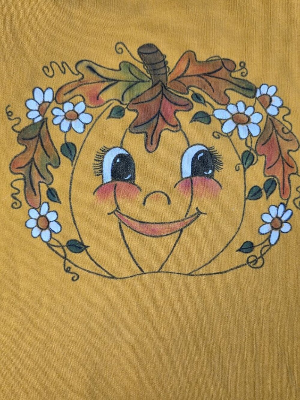 Pumpkin Turtleneck Sweatshirt With Fall Leaves & Flowers Graphic Size Large